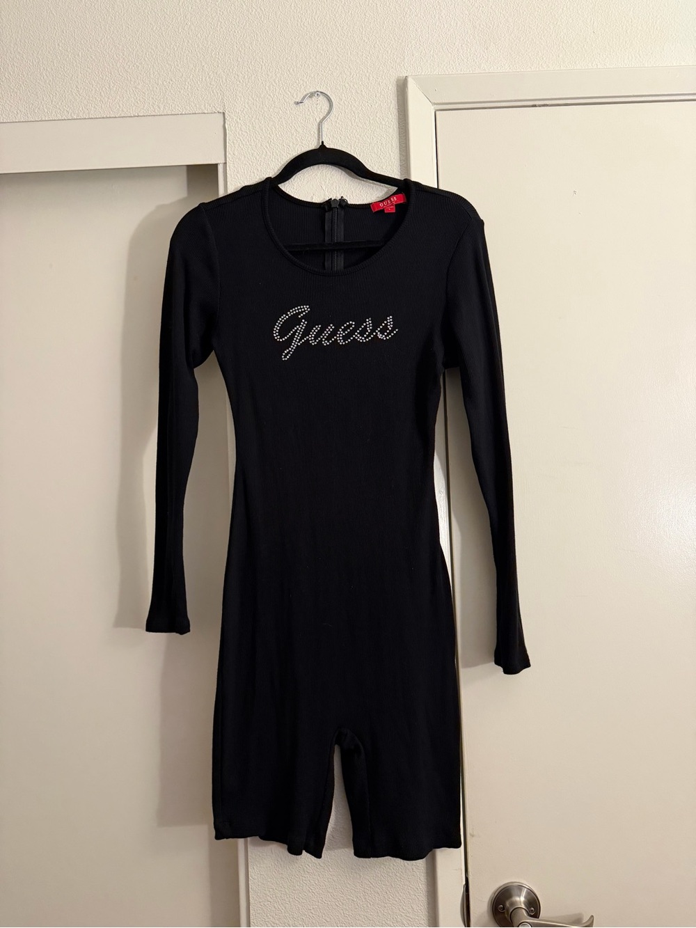 Guess Black Long Sleeve Romper with Rhinestone Logo